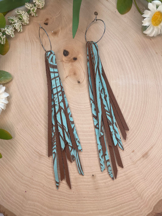 Fringe Genuine Leather Earrings - Light Blue and Brown Tooled