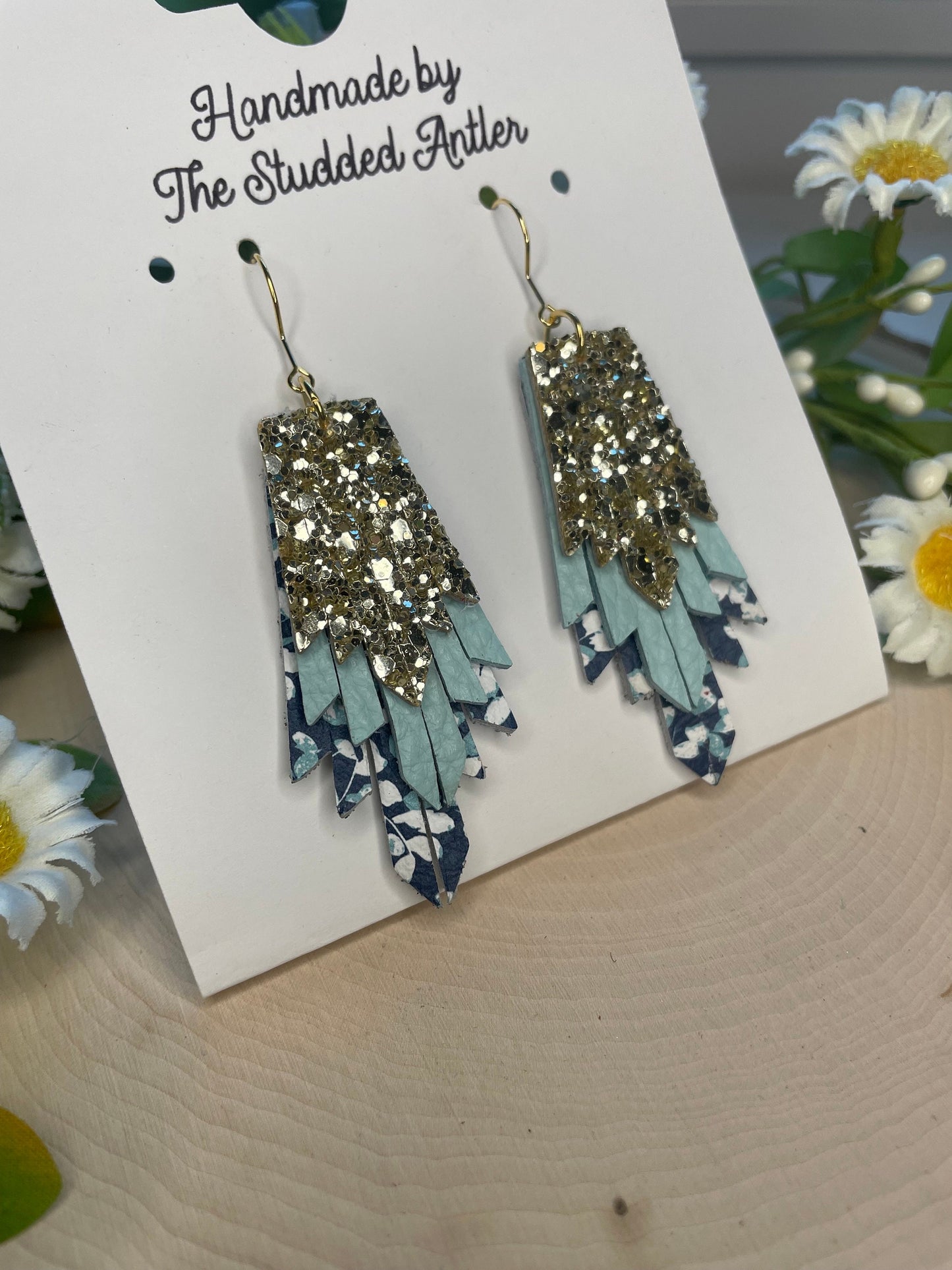 Fringe Feather Genuine Leather Earrings - Gold and Blue