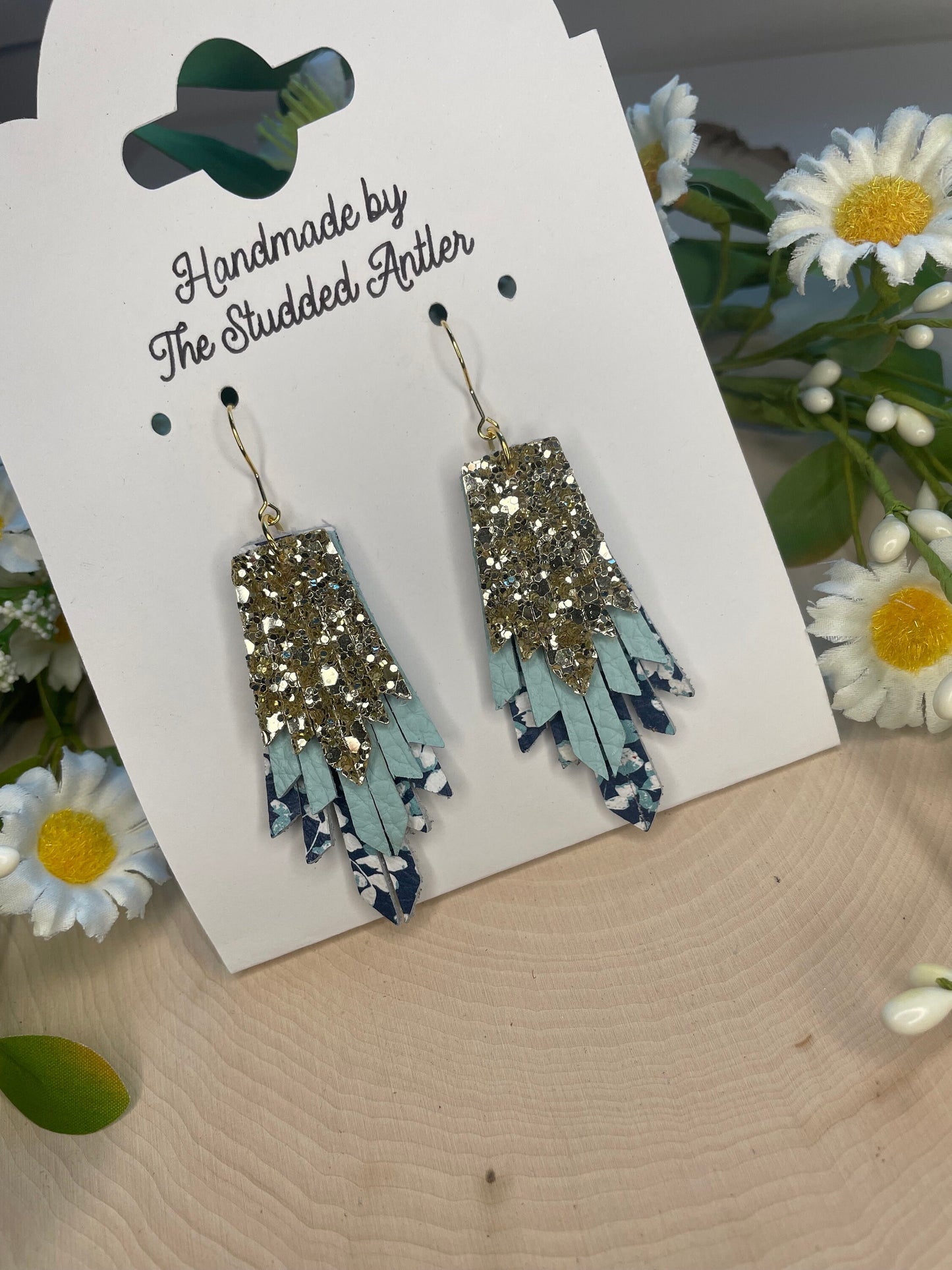 Fringe Feather Genuine Leather Earrings - Gold and Blue