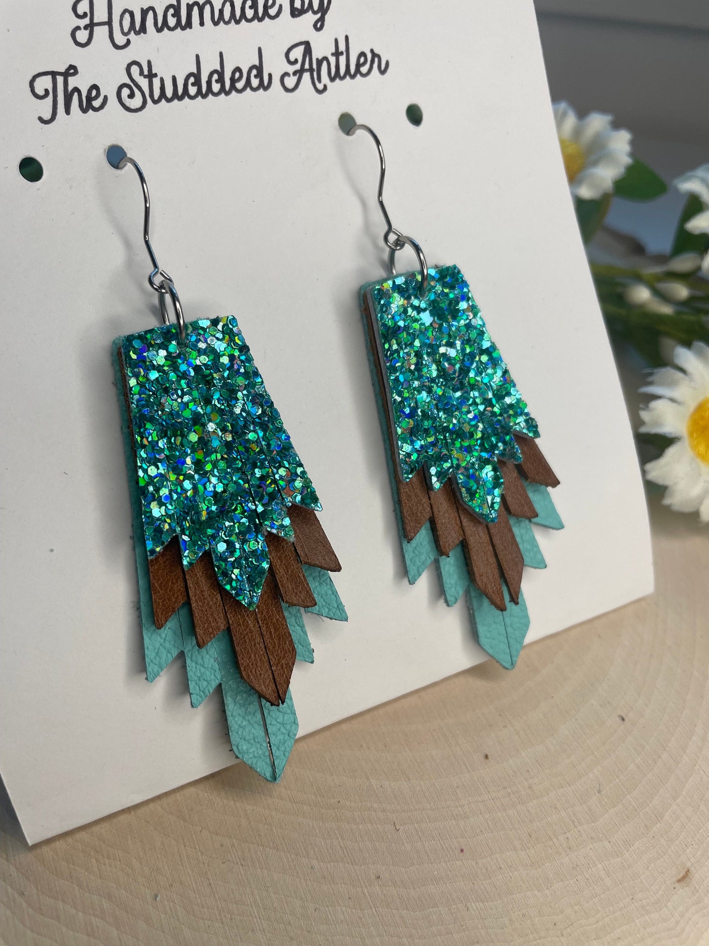 Fringe Feather Genuine Leather Earrings - Teal and Brown with Glitter