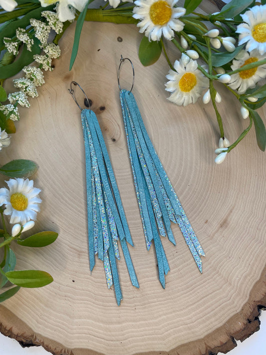 Fringe Genuine Leather Earrings - Light Blue Sparkle