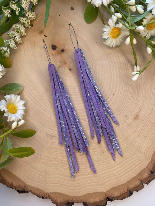 Fringe Genuine Leather Earrings - Purple Sparkle