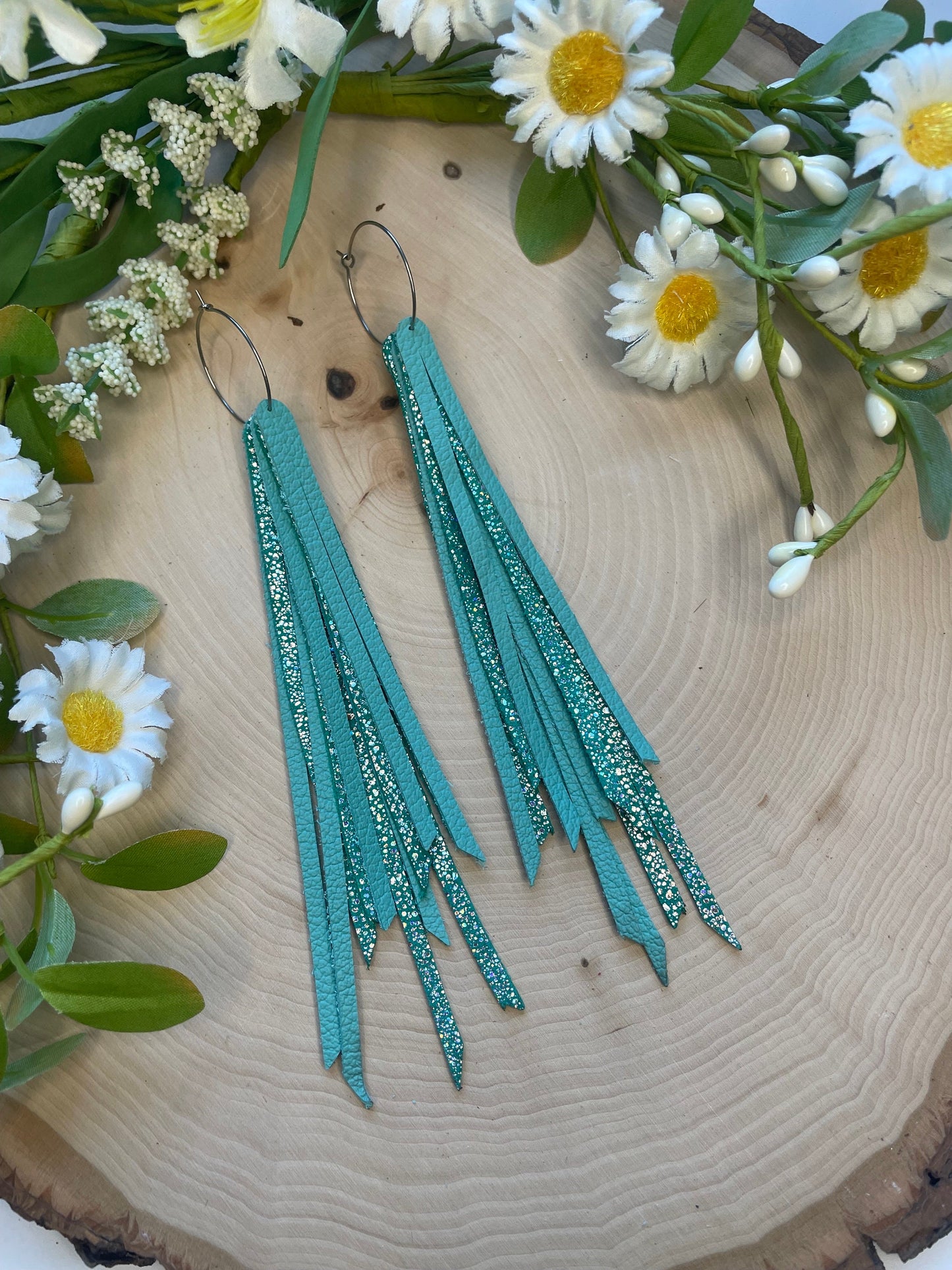 Fringed Teal Sparkle 6 layer Genuine Leather Earrings