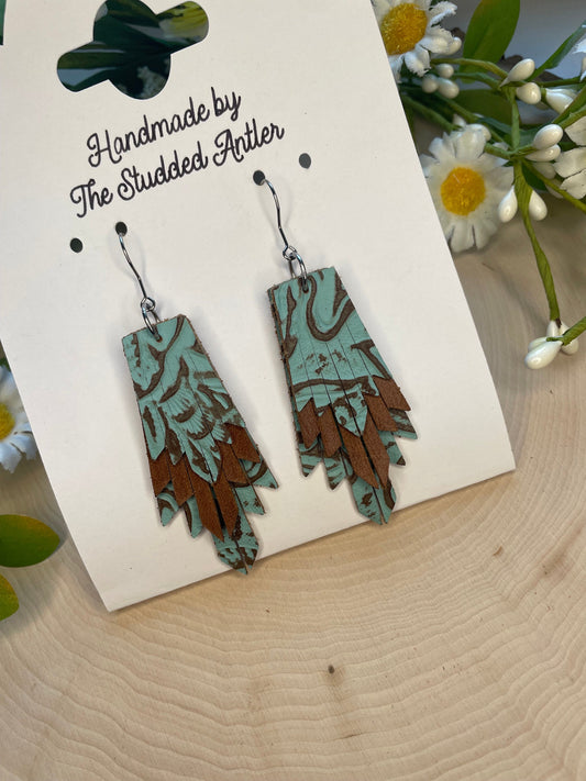 Fringe Feather Genuine Leather Earrings - Light Blue and Brown Tooled