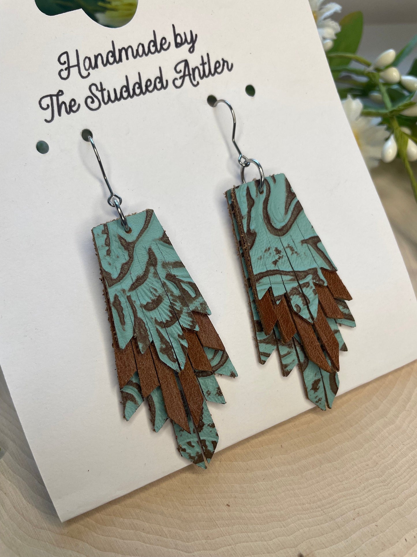 Fringe Feather Genuine Leather Earrings - Light Blue and Brown Tooled