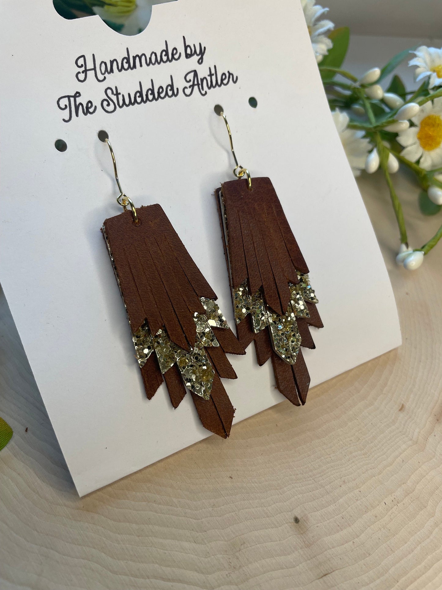 Fringe Feather Genuine Leather Earrings - Brown and Gold Glitter