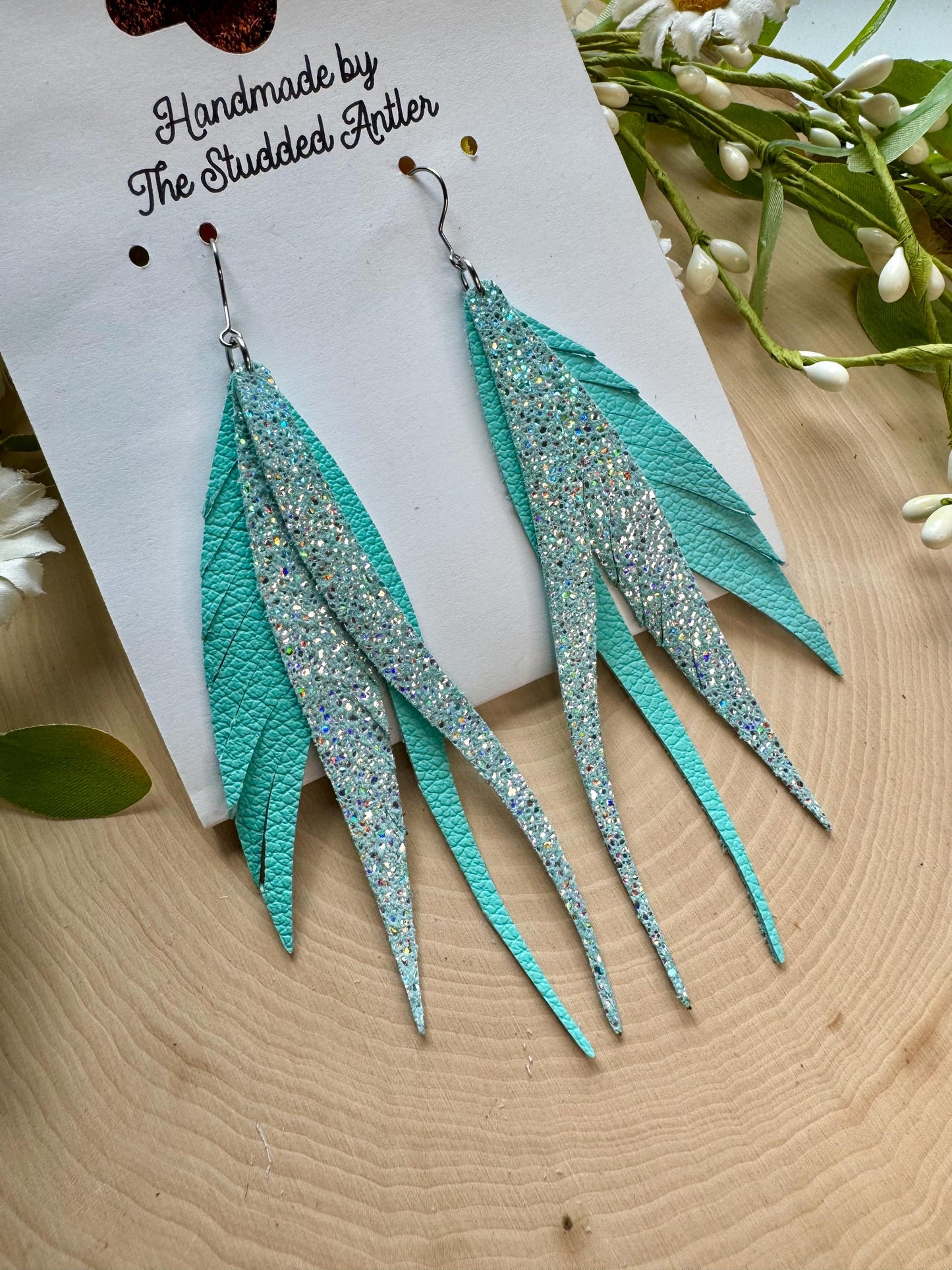 Teardrop Hoop Genuine Leather Earrings - Aqua Blue Sparkle