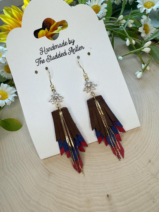 Fringe Feather Genuine Leather Earrings - Brown, Navy Blue, Red, and Gold