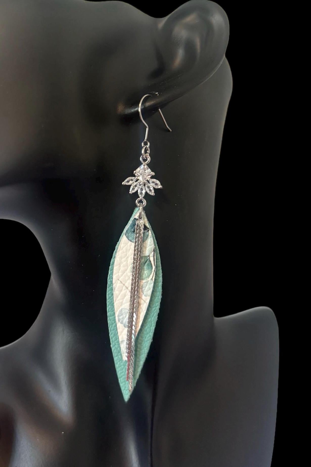 Teardrop Genuine Leather Earrings - Teal and Silver