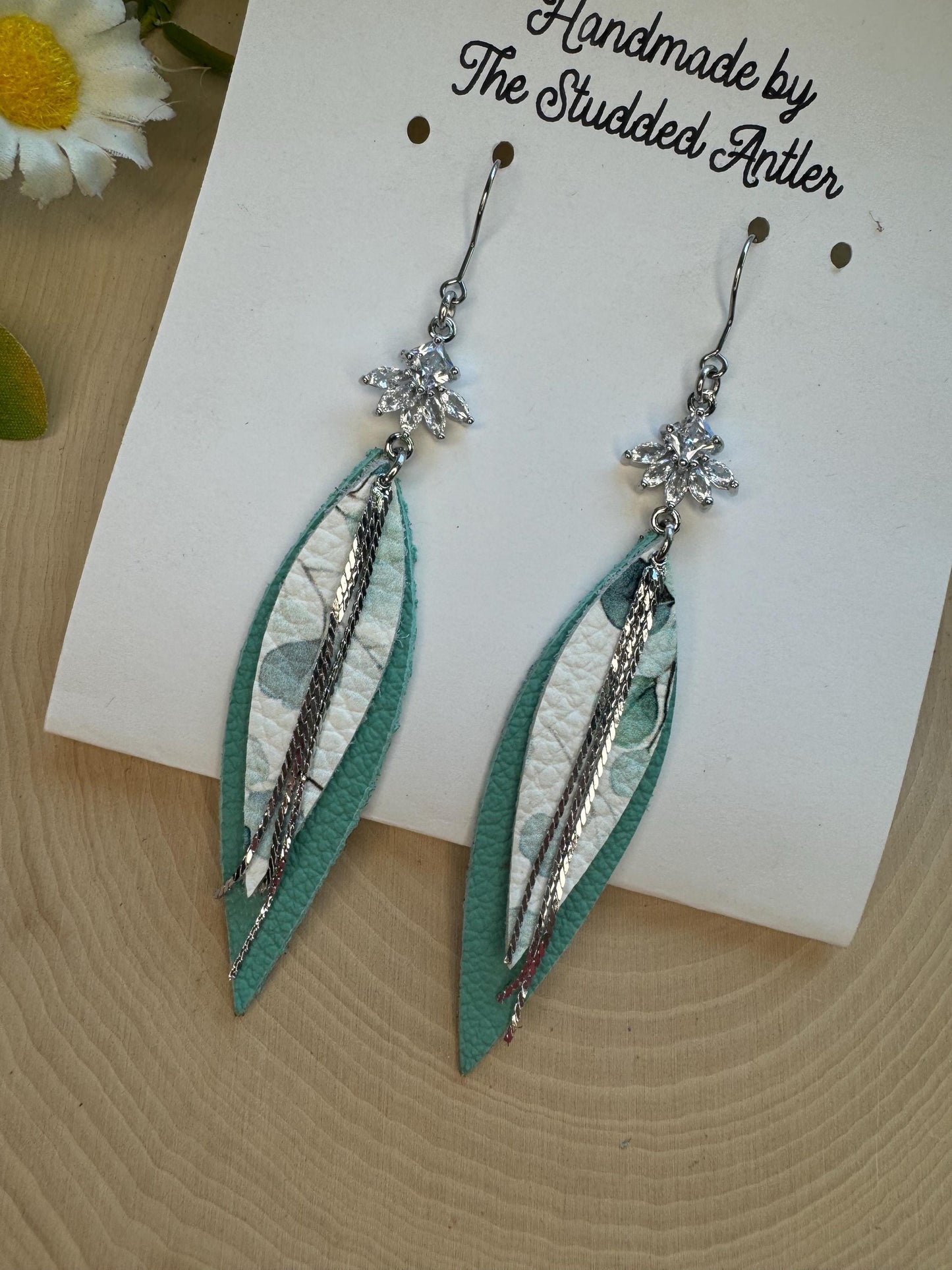 Teardrop Genuine Leather Earrings - Teal and Silver