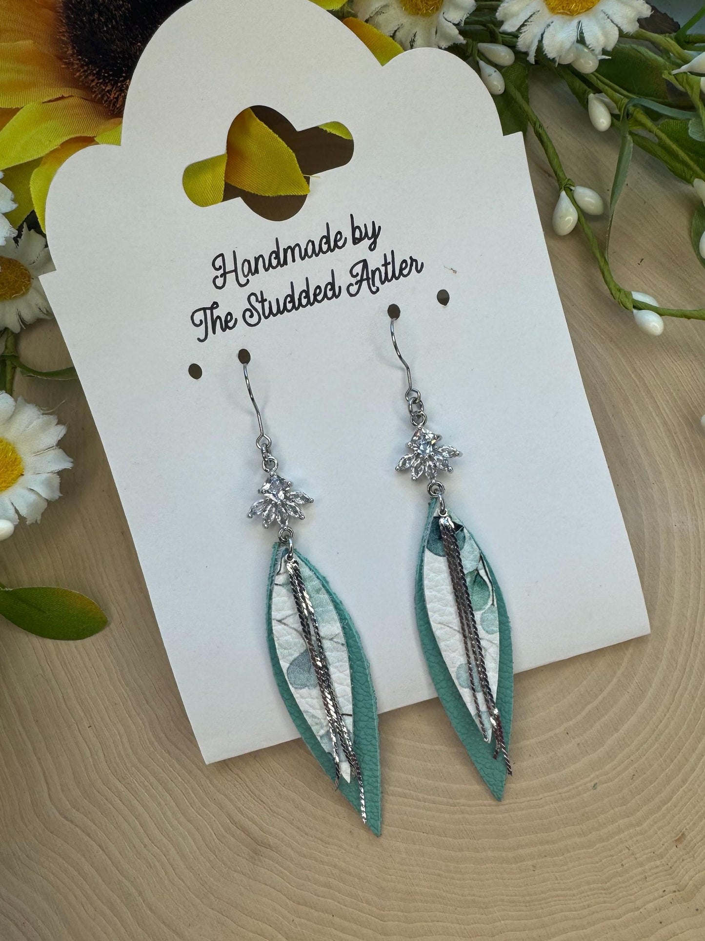 Teardrop Genuine Leather Earrings - Teal and Silver