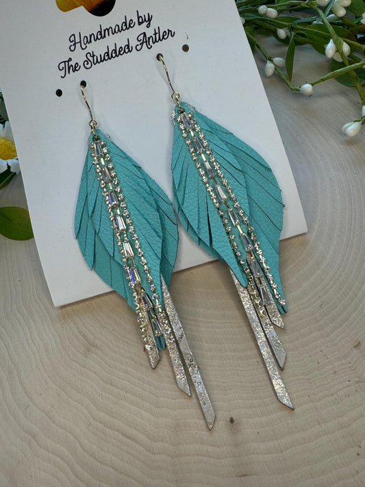 Fringe Feather Genuine Leather Earrings - Aqua Blue and Gold