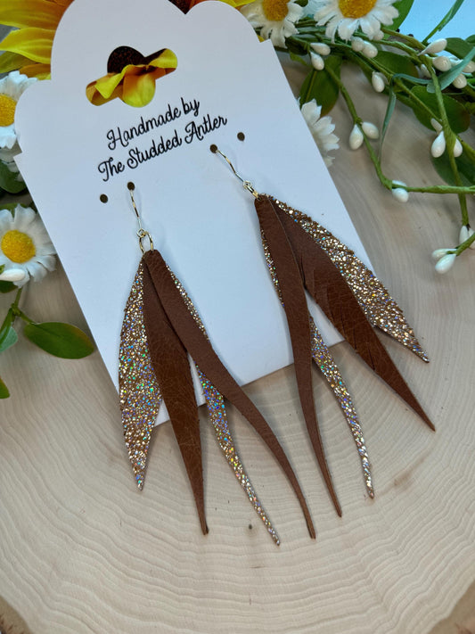 Fringe Feather Genuine Leather Earrings - Brown Sparkle