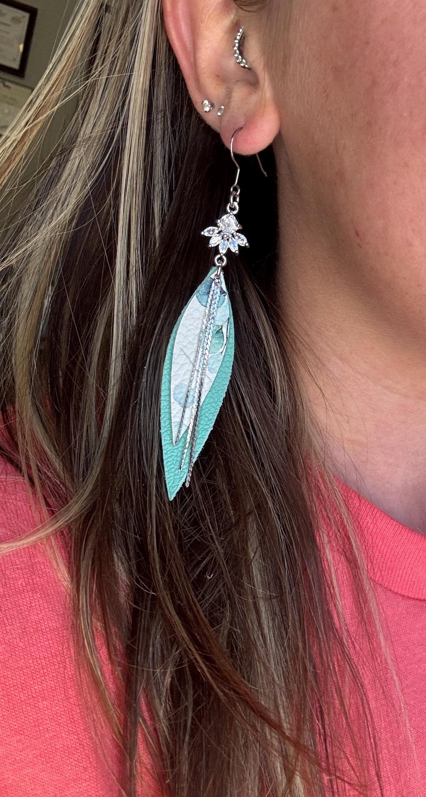 Teardrop Genuine Leather Earrings - Teal and Silver