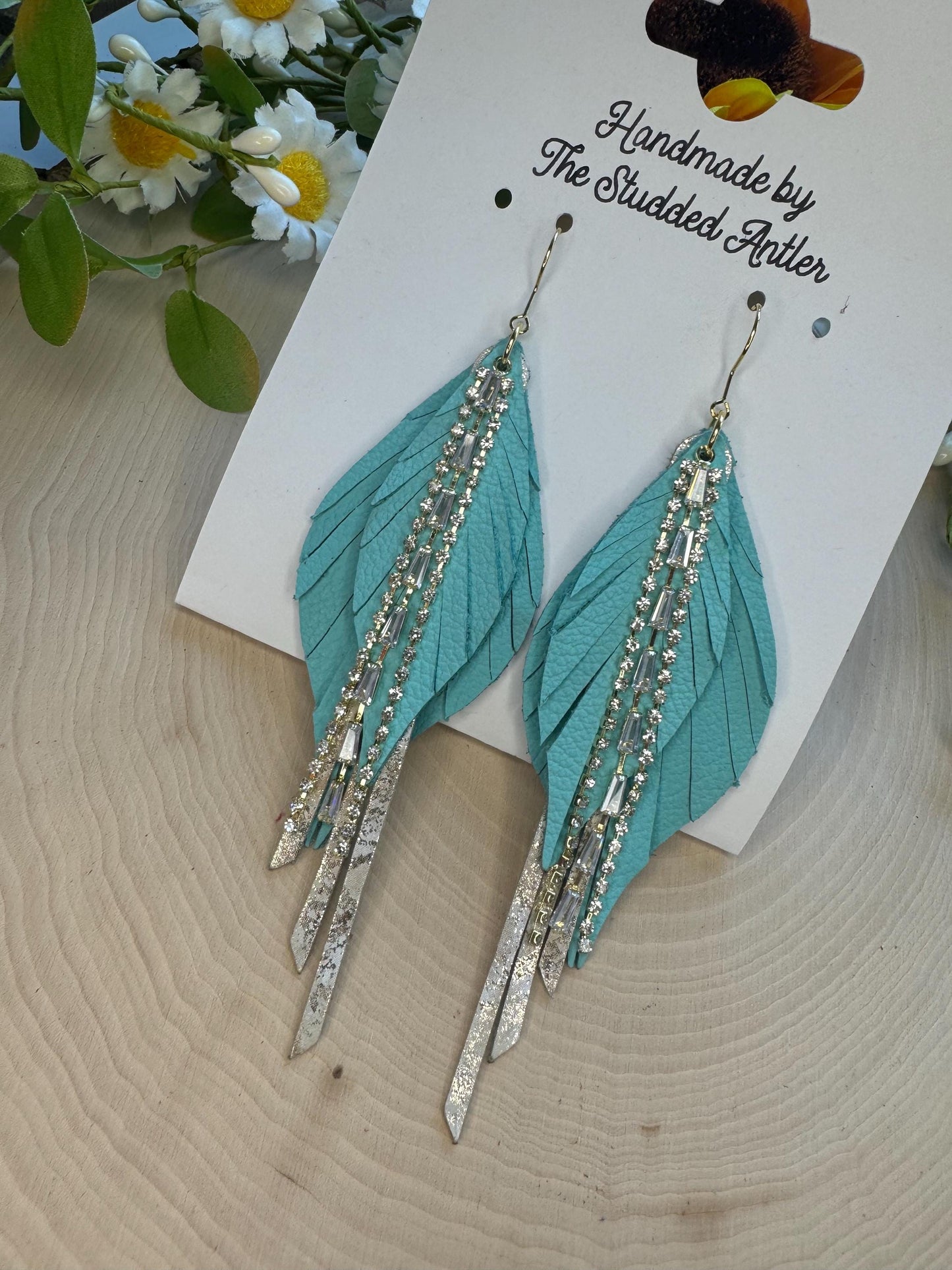 Fringe Feather Genuine Leather Earrings - Aqua Blue and Gold