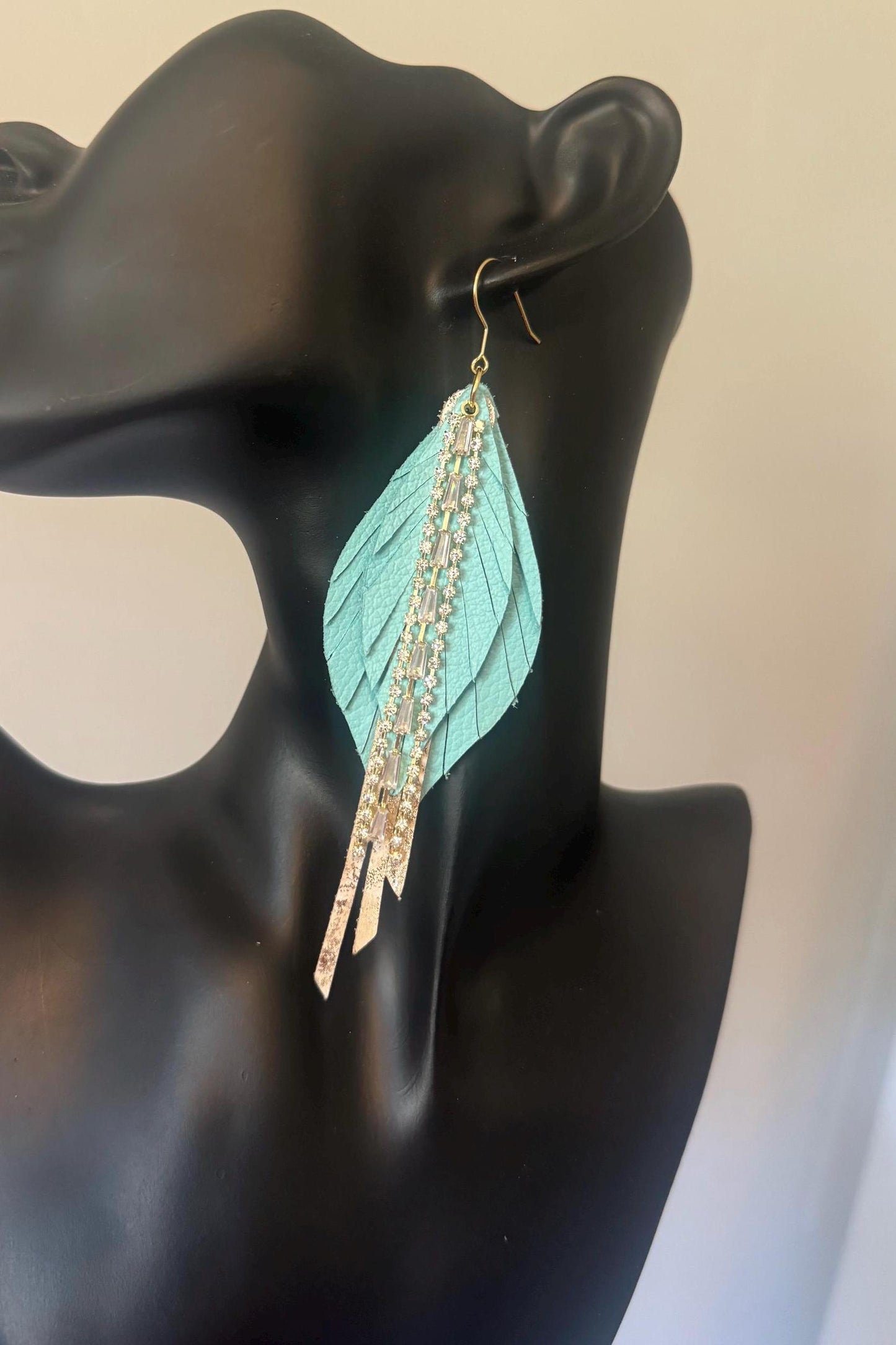 Fringe Feather Genuine Leather Earrings - Aqua Blue and Gold