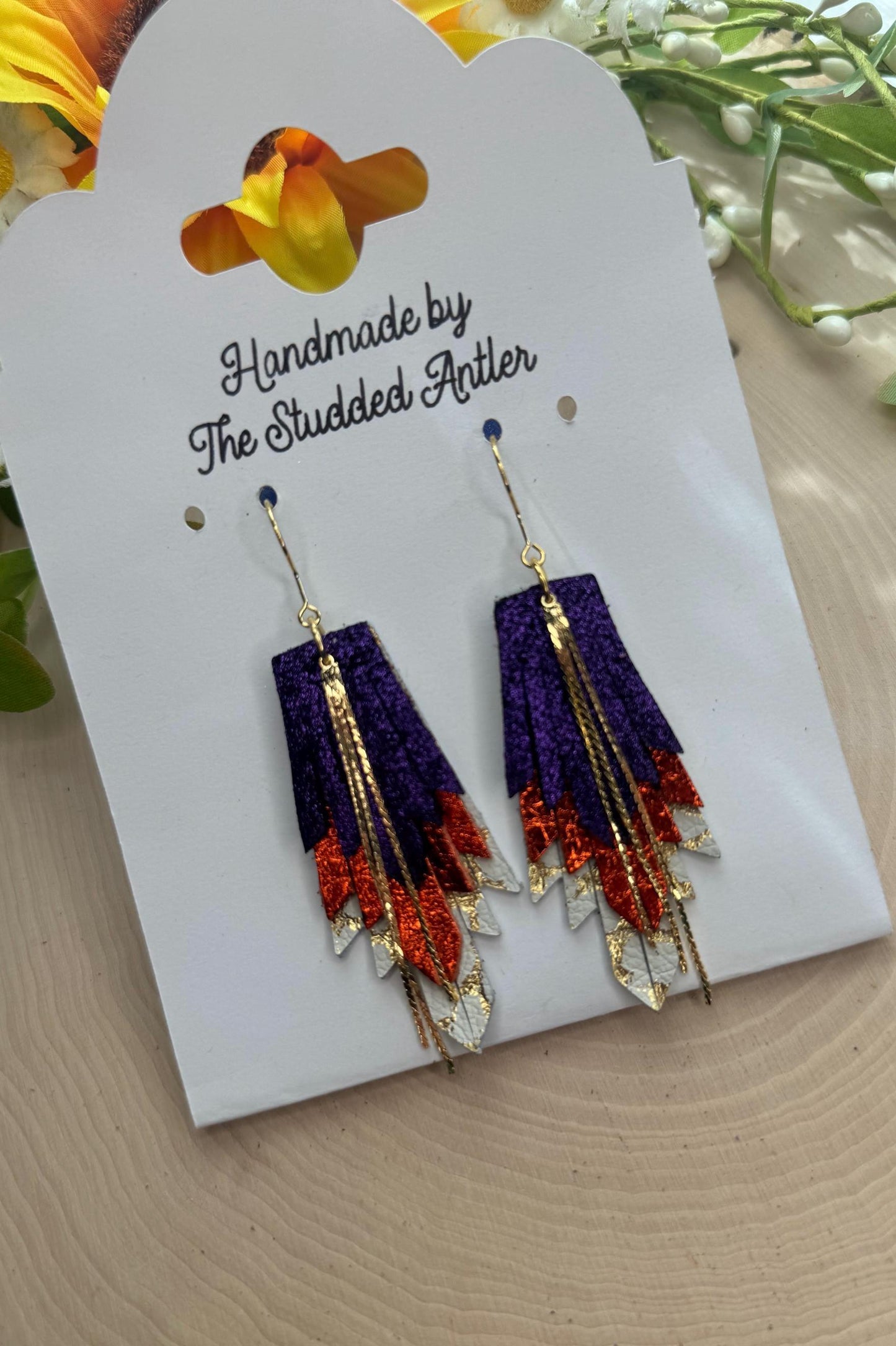 Triple Layer Orange, Purple, Gold and white, Leather earrings, Halloween earrings, metallic, gold, dangles, stainless steel, hypoallergenic