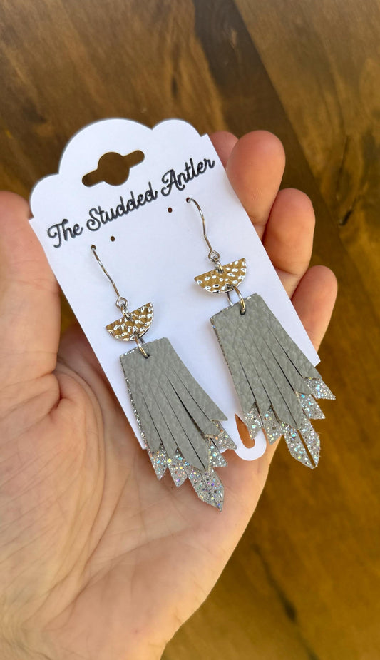 Fringe Feather Genuine Leather Earrings - Gray Sparkle and Silver