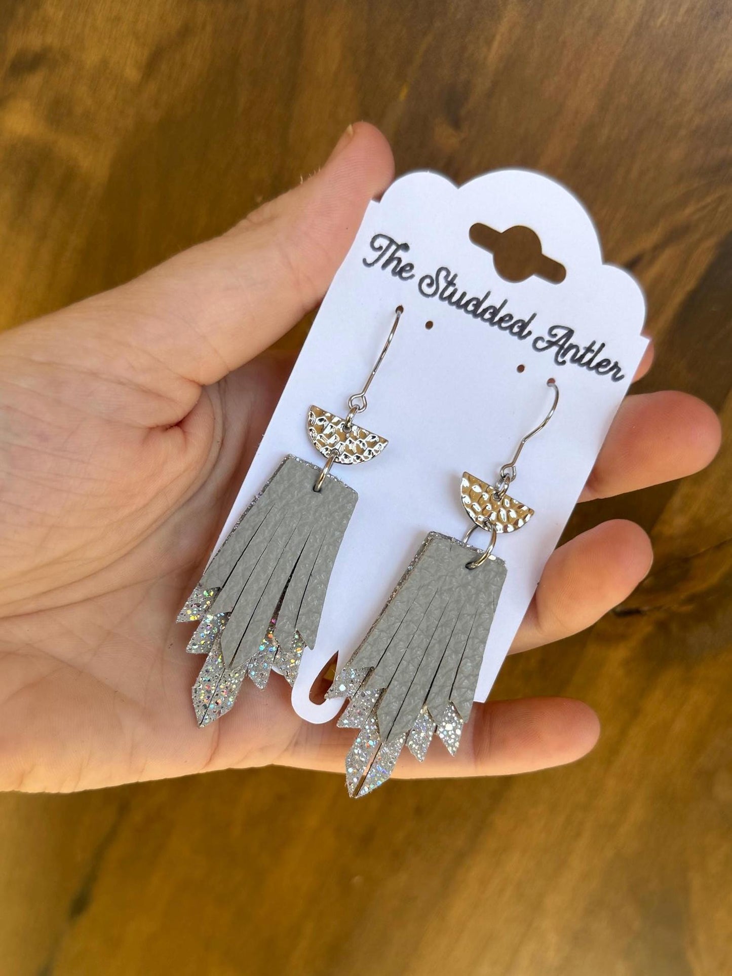 Fringe Feather Genuine Leather Earrings - Gray Sparkle and Silver