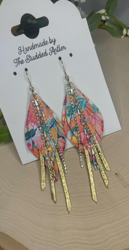 Fringe Feather Genuine Leather Earrings - Gold and Rainbow Floral