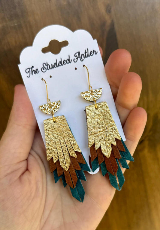 Fringe Feather Genuine Leather Earrings - Dark Teal, Gold and Brown