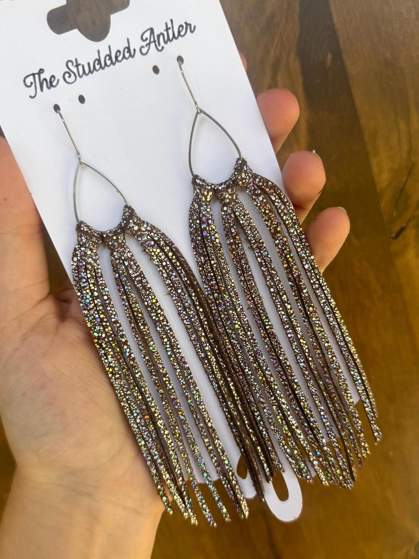 Fringe Hoop Genuine Leather Earrings - Brown Sparkle