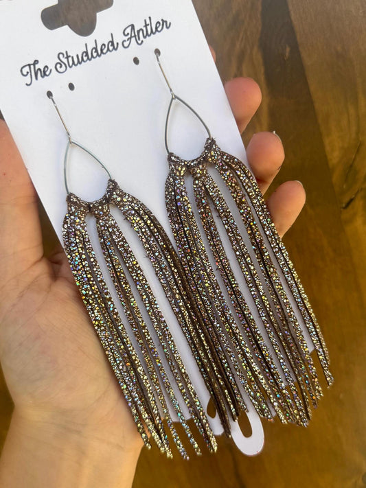 Fringe Hoop Genuine Leather Earrings - Brown Sparkle