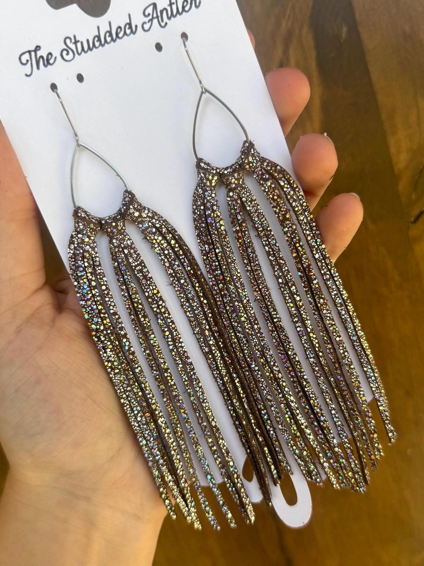 Fringe Hoop Genuine Leather Earrings - Brown Sparkle