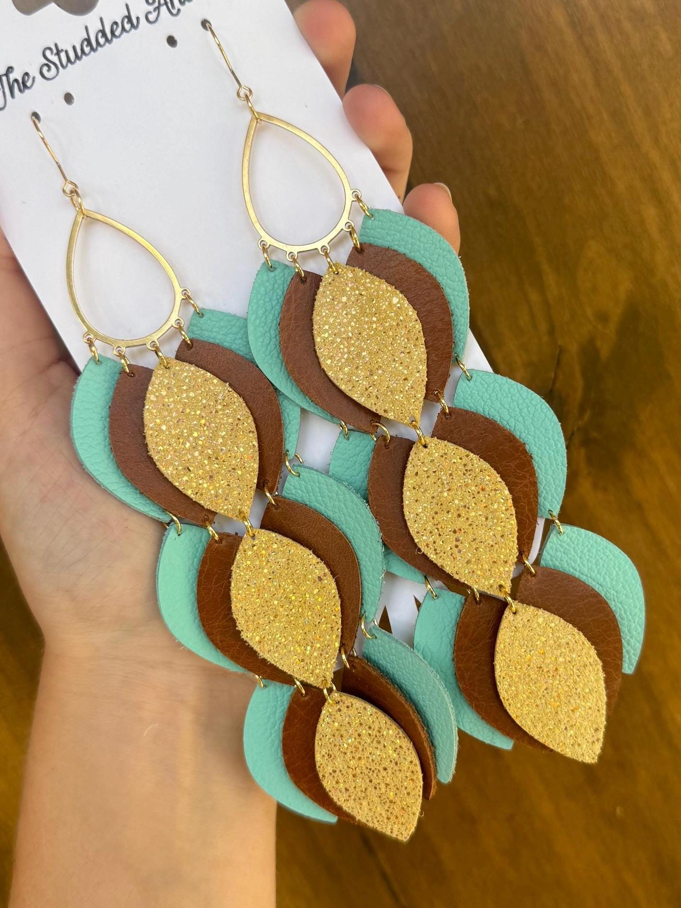 Teardrop Hoop Genuine Leather Earrings - Aqua Blue, Yellow and Brown