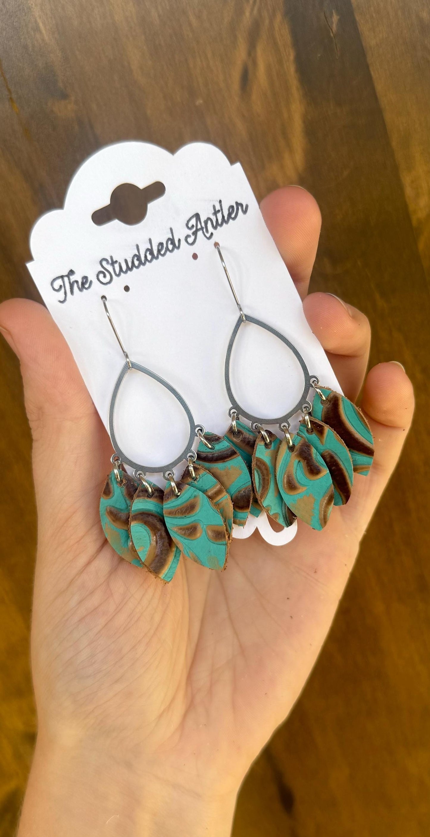 Teardrop Hoop Genuine Leather Earrings - Teal and Brown Tooled