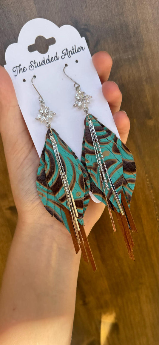 Fringe Feather Genuine Leather Earrings - Brown and Teal Tooled