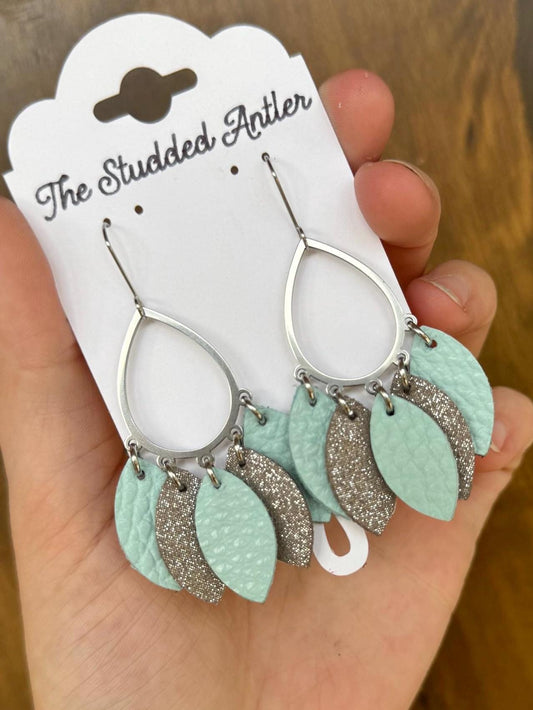 Teardrop Hoop Genuine Leather Earrings - Mint Blue and Taupe Shimmer