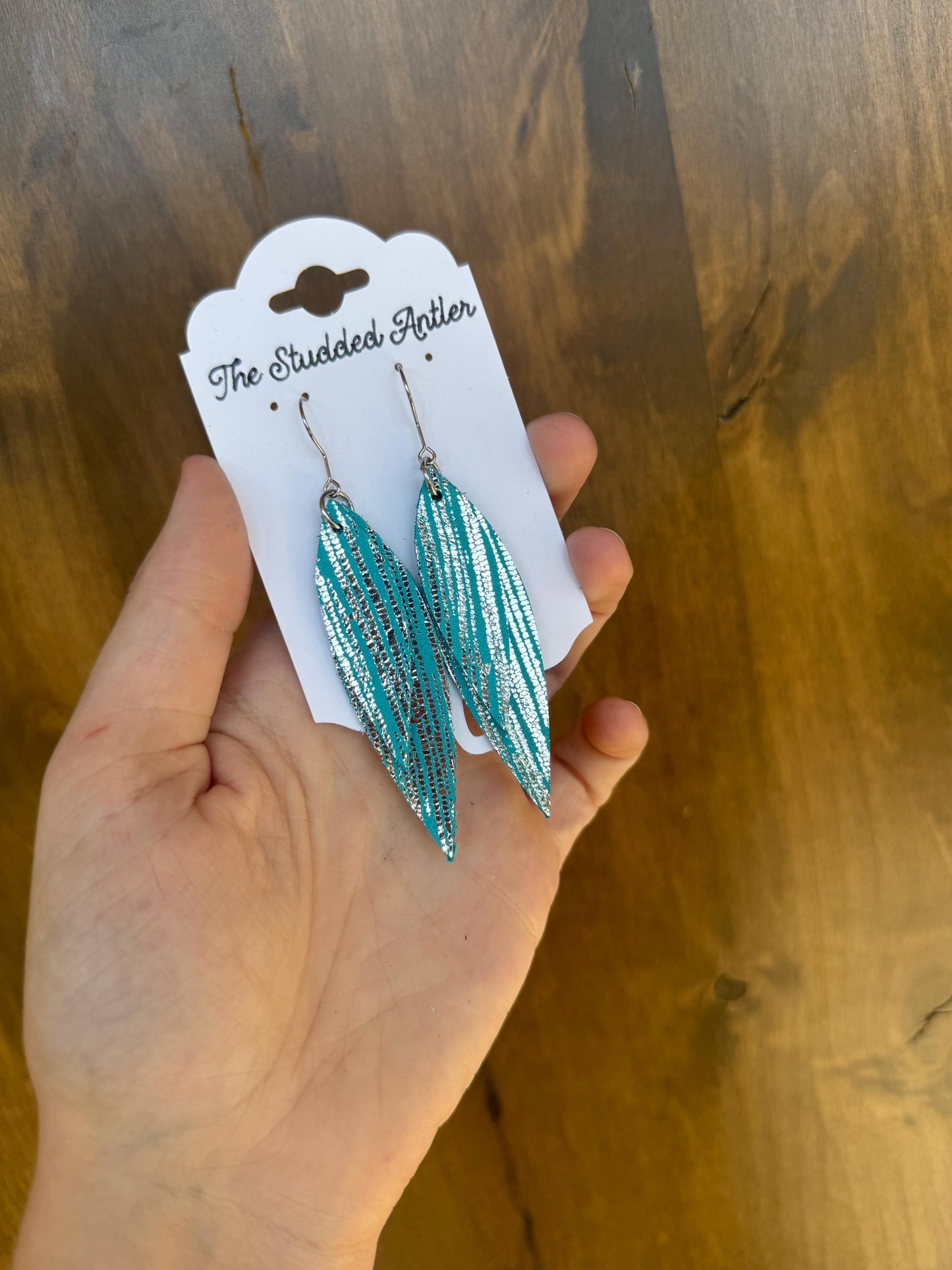 Teal Silver leather earrings, oval earrings, pave CZ bling earring, boho, rustic, dangle long earring, metallic, lightweight, hypoallergenic