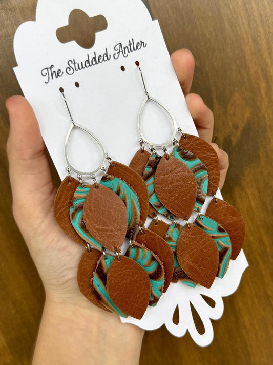 Teardrop Hoop Genuine Leather Earrings - Teal and Brown Tooled