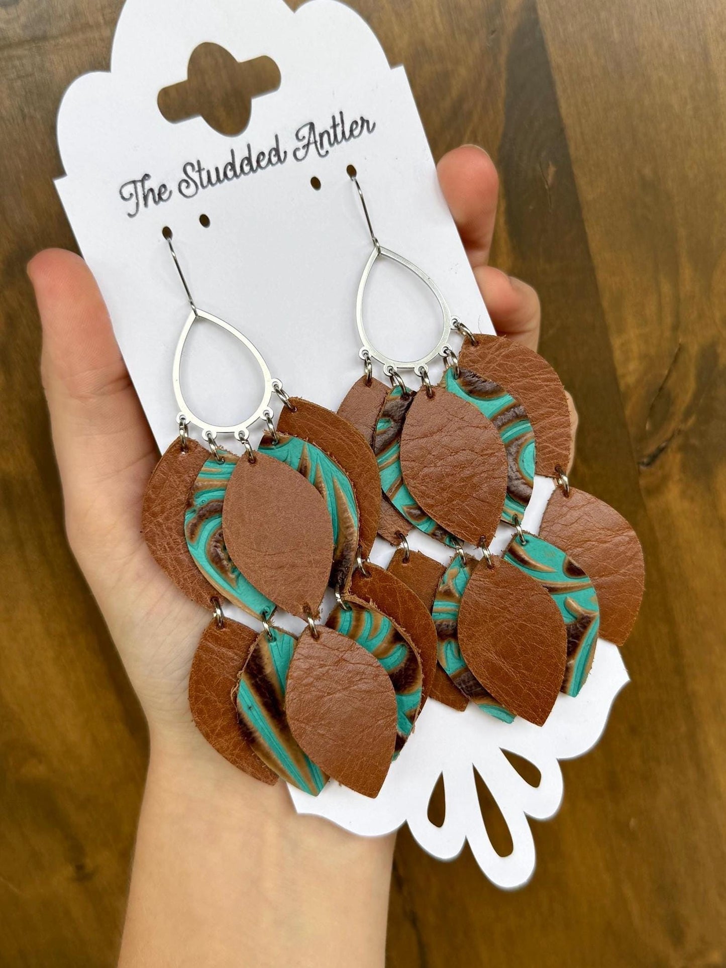Teardrop Hoop Genuine Leather Earrings - Teal and Brown Tooled