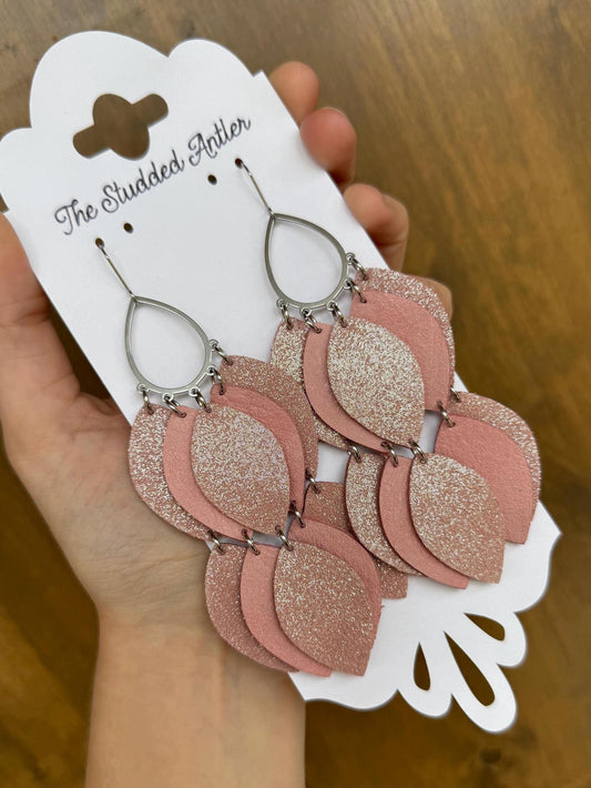 Teardrop Hoop Genuine Leather Earrings - Pink Sparkle