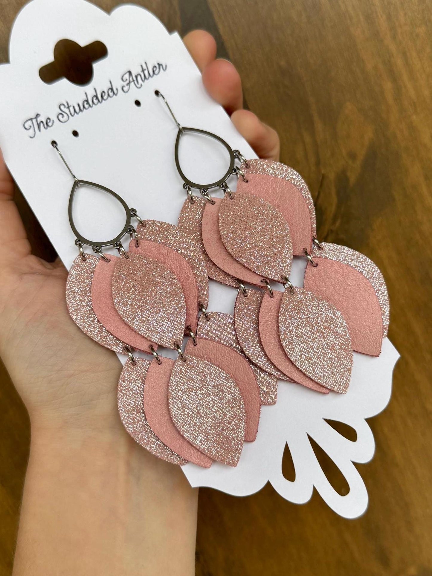 Teardrop Hoop Genuine Leather Earrings - Pink Sparkle