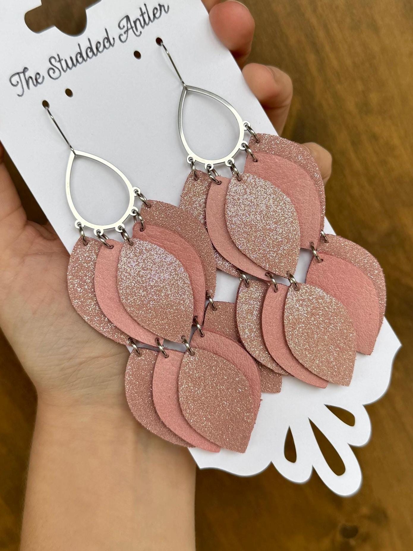 Teardrop Hoop Genuine Leather Earrings - Pink Sparkle