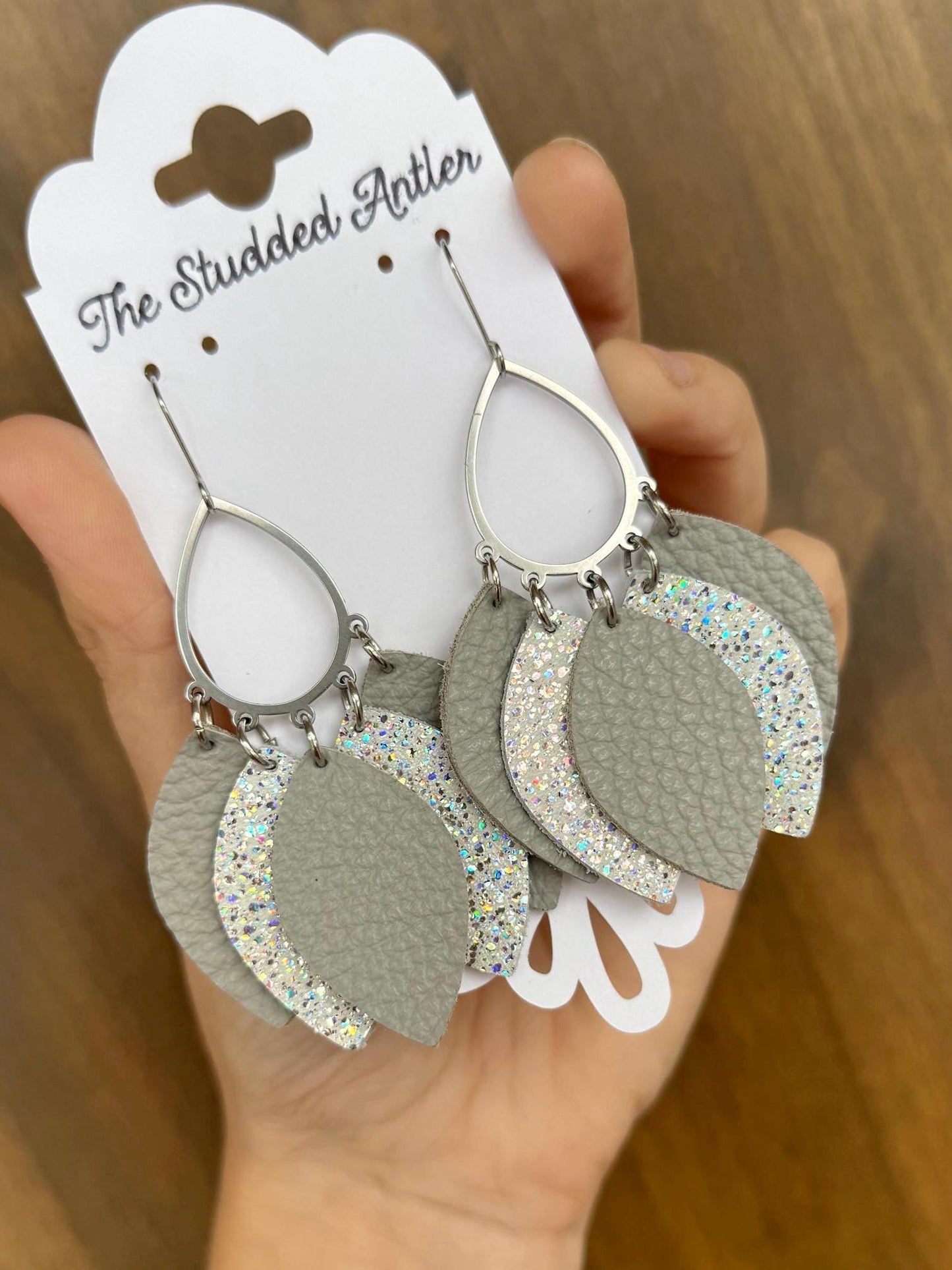 Teardrop Hoop Genuine Leather Earrings - Gray and White Sparkle