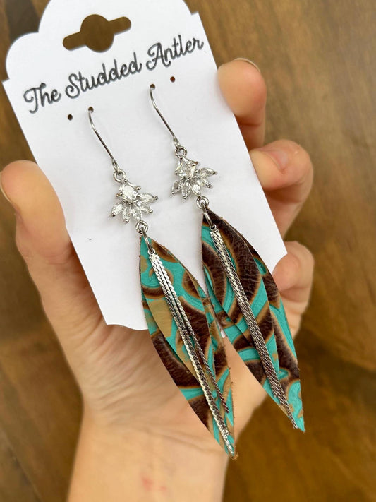 Teardrop Genuine Leather Earrings - Teal, Brown Tooled and Silver