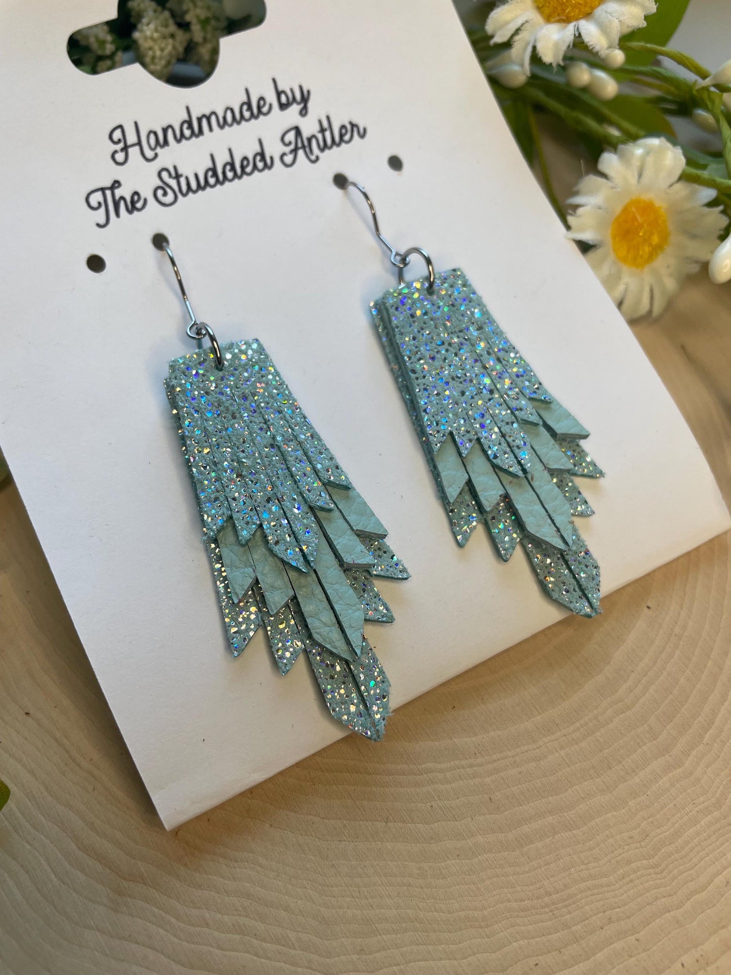 Fringe Feather Genuine Leather Earrings - Mint Blue Sparkle