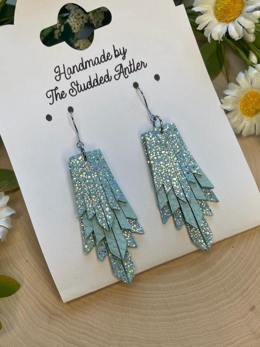 Fringe Feather Genuine Leather Earrings - Mint Blue Sparkle