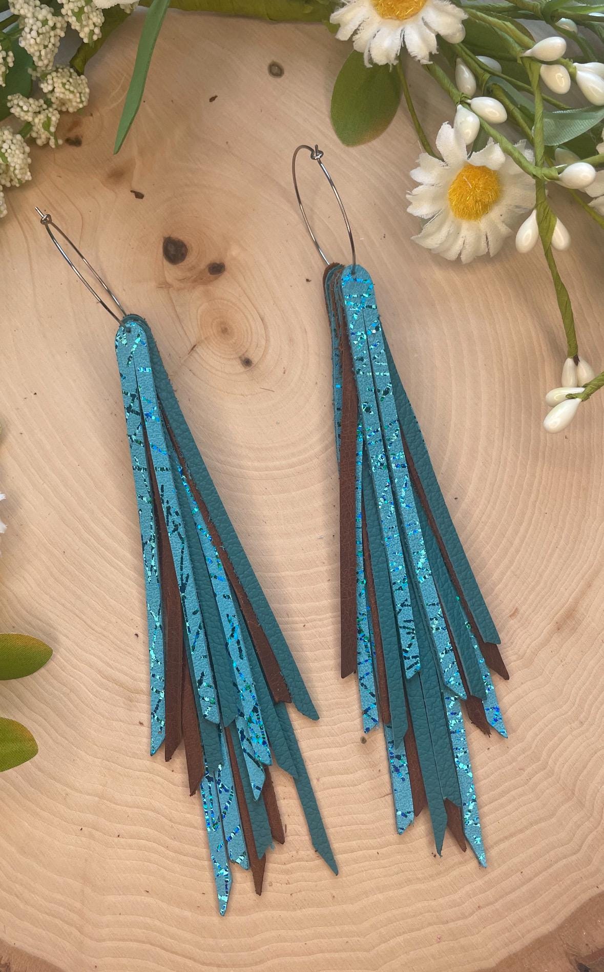 Leather feather earrings, layered fringe earrings, long statement earrings, hypoallergenic earrings, lightweight, gifts for wife