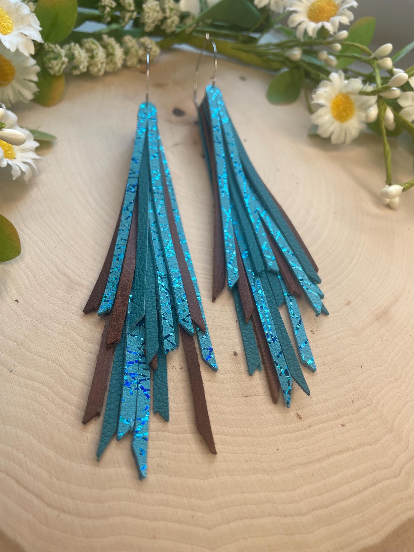 Leather feather earrings, layered fringe earrings, long statement earrings, hypoallergenic earrings, lightweight, gifts for wife