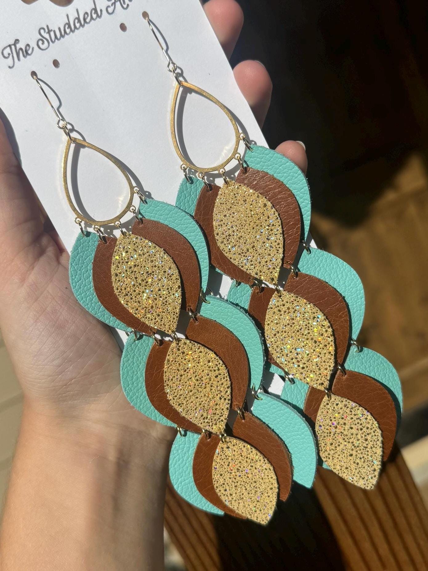 Teardrop Hoop Genuine Leather Earrings - Aqua Blue, Yellow and Brown