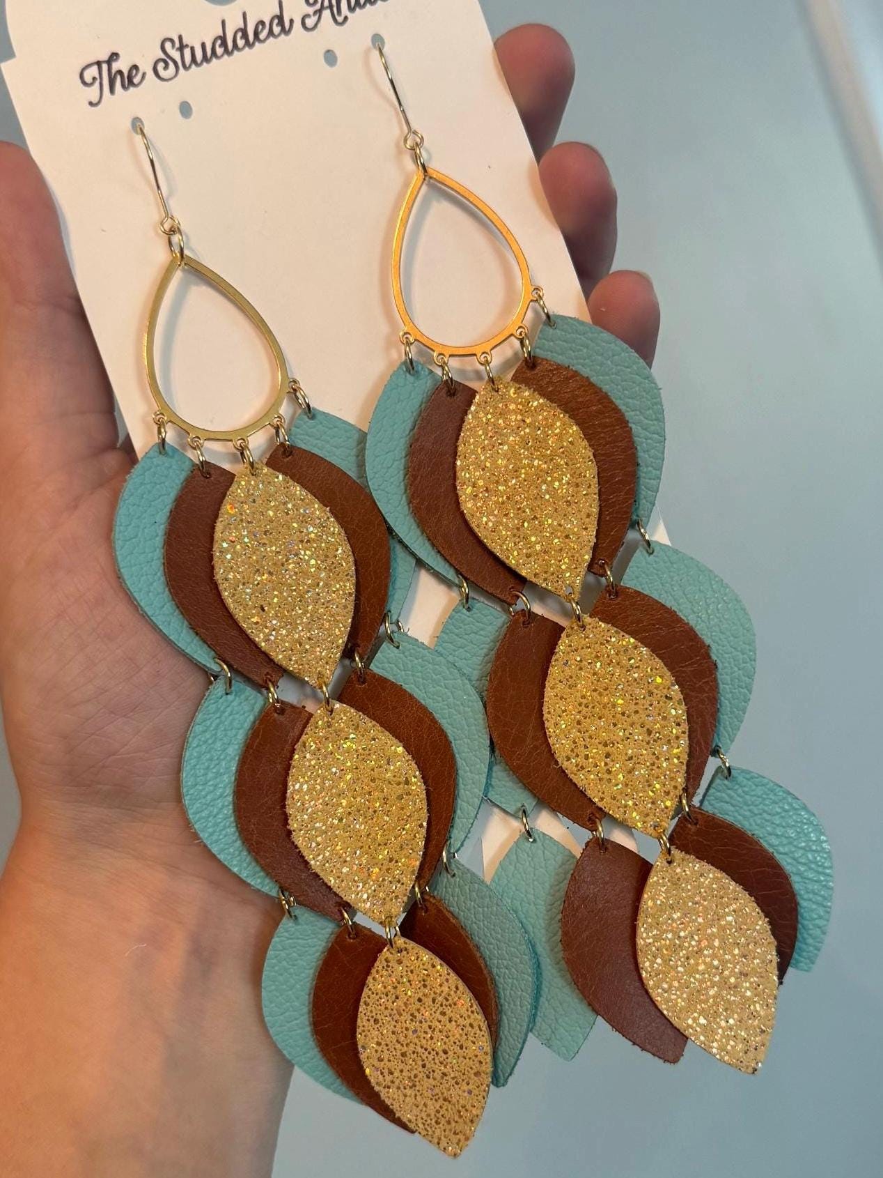 Teardrop Hoop Genuine Leather Earrings - Aqua Blue, Yellow and Brown