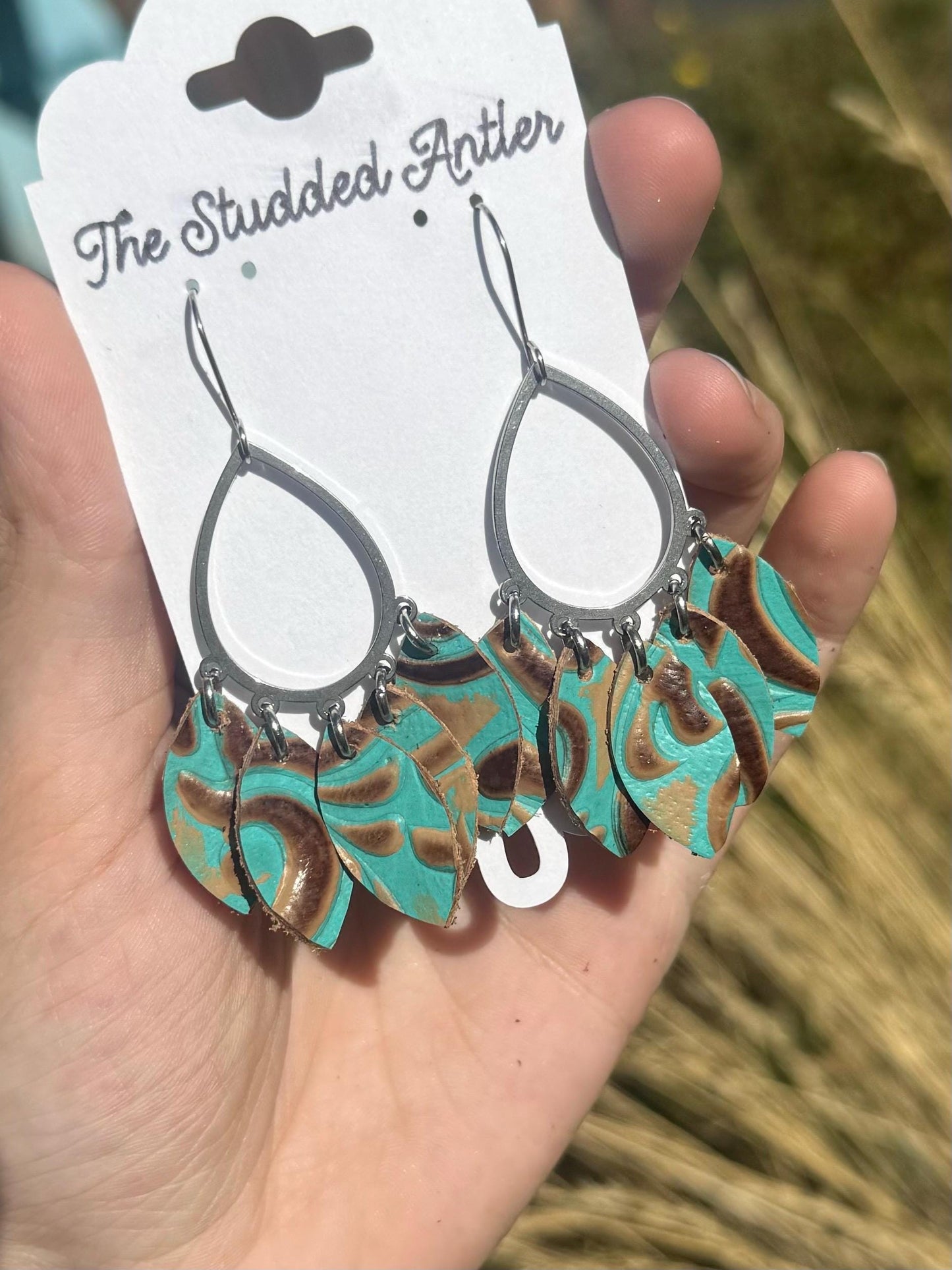 Teardrop Hoop Genuine Leather Earrings - Teal and Brown Tooled