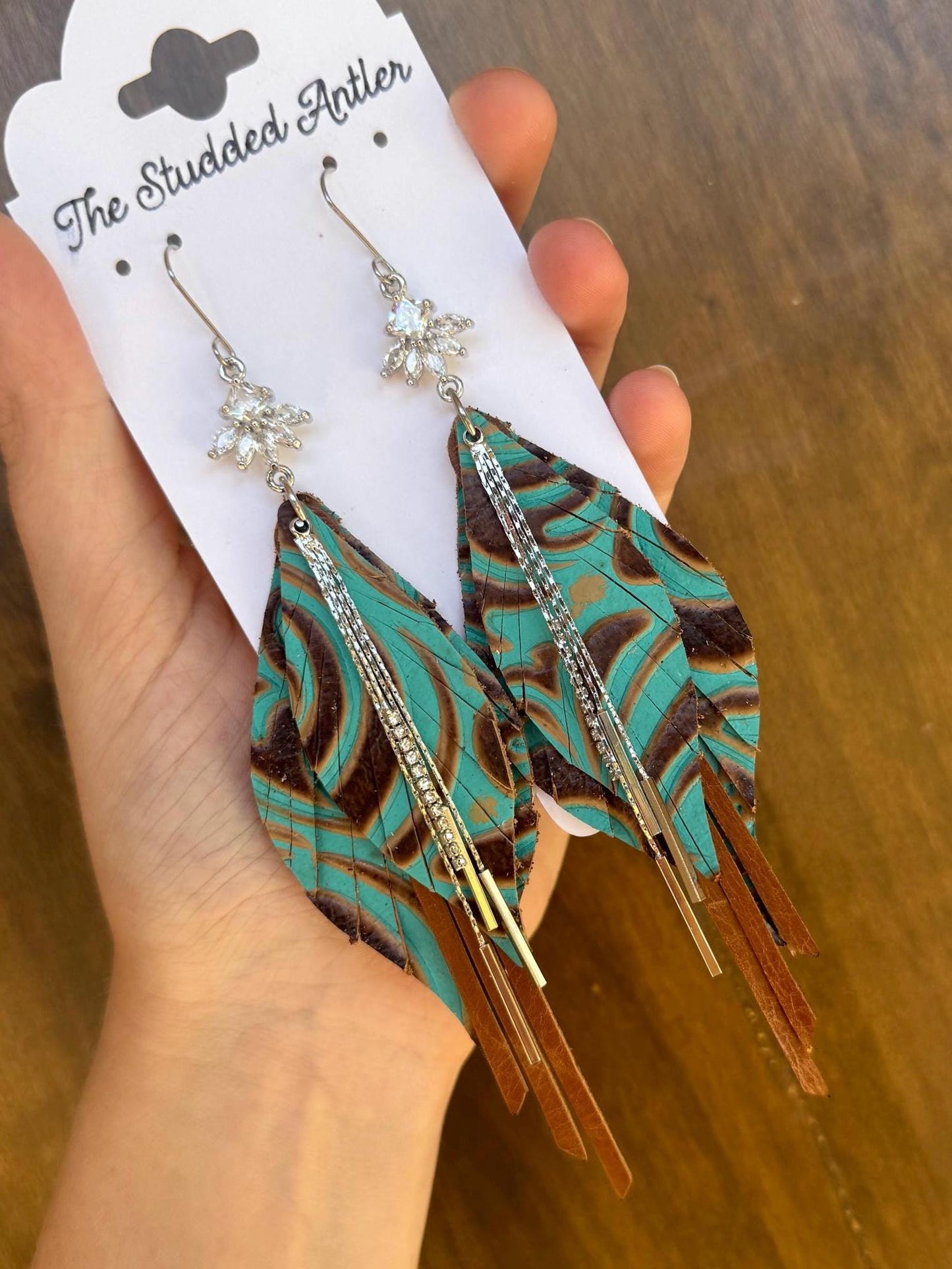 Fringe Feather Genuine Leather Earrings - Brown and Teal Tooled