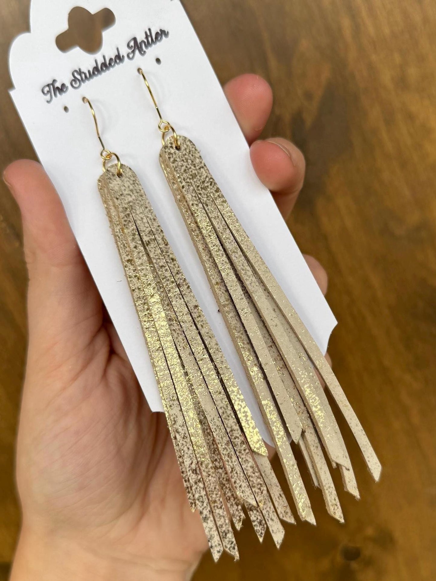 Fringe Genuine Leather Earrings - Gold Shimmer