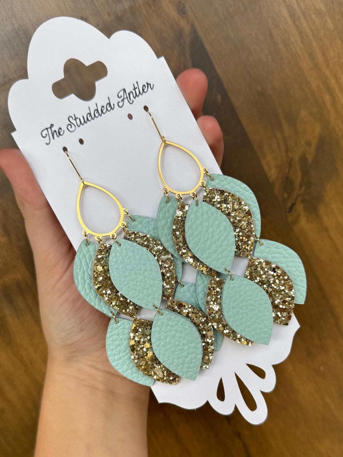 Mint Blue and Gold Glitter Genuine Leather Multi-layered Hoop Earrings